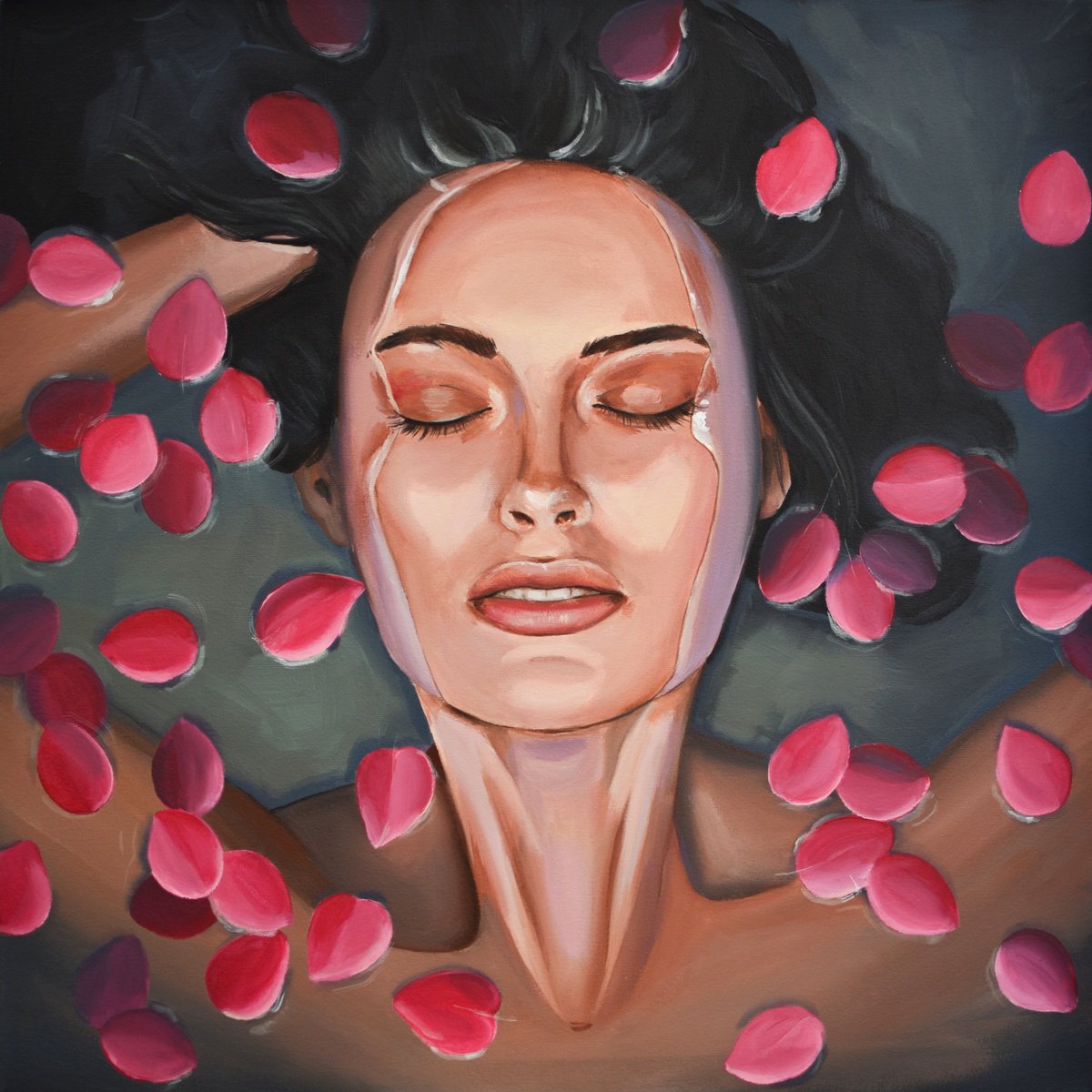 Portrait Acrylic Painting By Elina Zelena, 20 X 20, Woman In Pink Leaves, Original Artwork