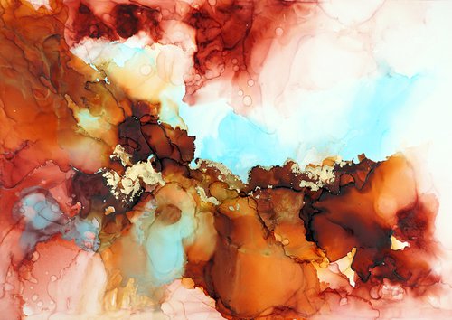 Explosion - Expressionist Original Ink Artwork - Abstract Art, Orange Colors Wall Art, Luxury Fluid Painting by Yana Shvets