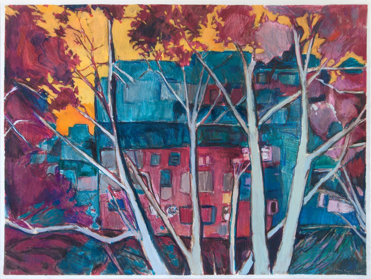 Expressive Cityscapes Painting By Ishai Rimmer, 16 X 12, Block Behind The Trees, Original Artwork