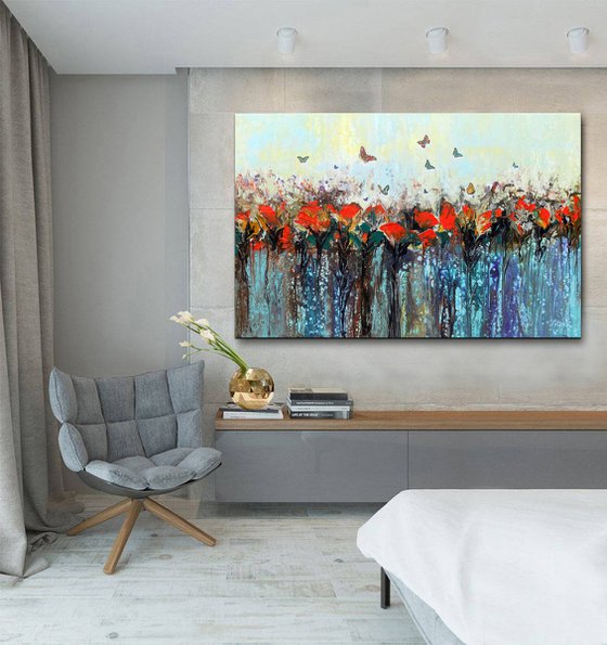 Dance of butterflies - Large abstract red flowers with butterflies, original artwork, abstract landscape