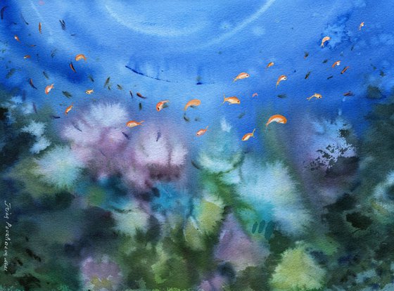 Coral reef original watercolor painting with blue ocean and coral, small goldfishes, decor for bedroom, gift for him