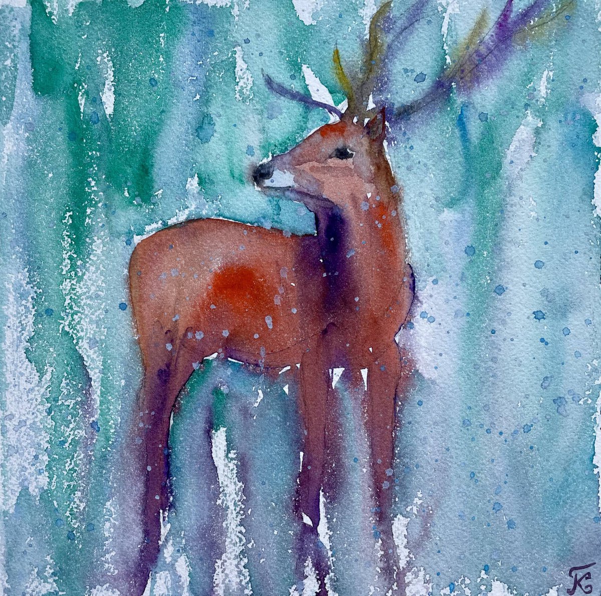 Christmas Deer Watercolor Painting, Snowy Original Artwork, Winter Wall Art, Cozy Hygge Ho... by Kate Grishakova