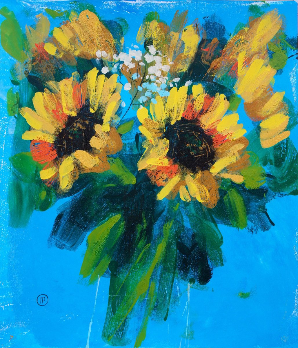 Impressionistic Botanical Acrylic Painting By Irina Plaksina, 12 X 14, Sunflowers, Original Artwork