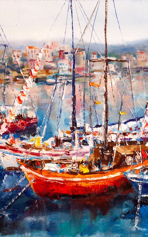 Yachts in the harbor by Aleksandr Neliubin