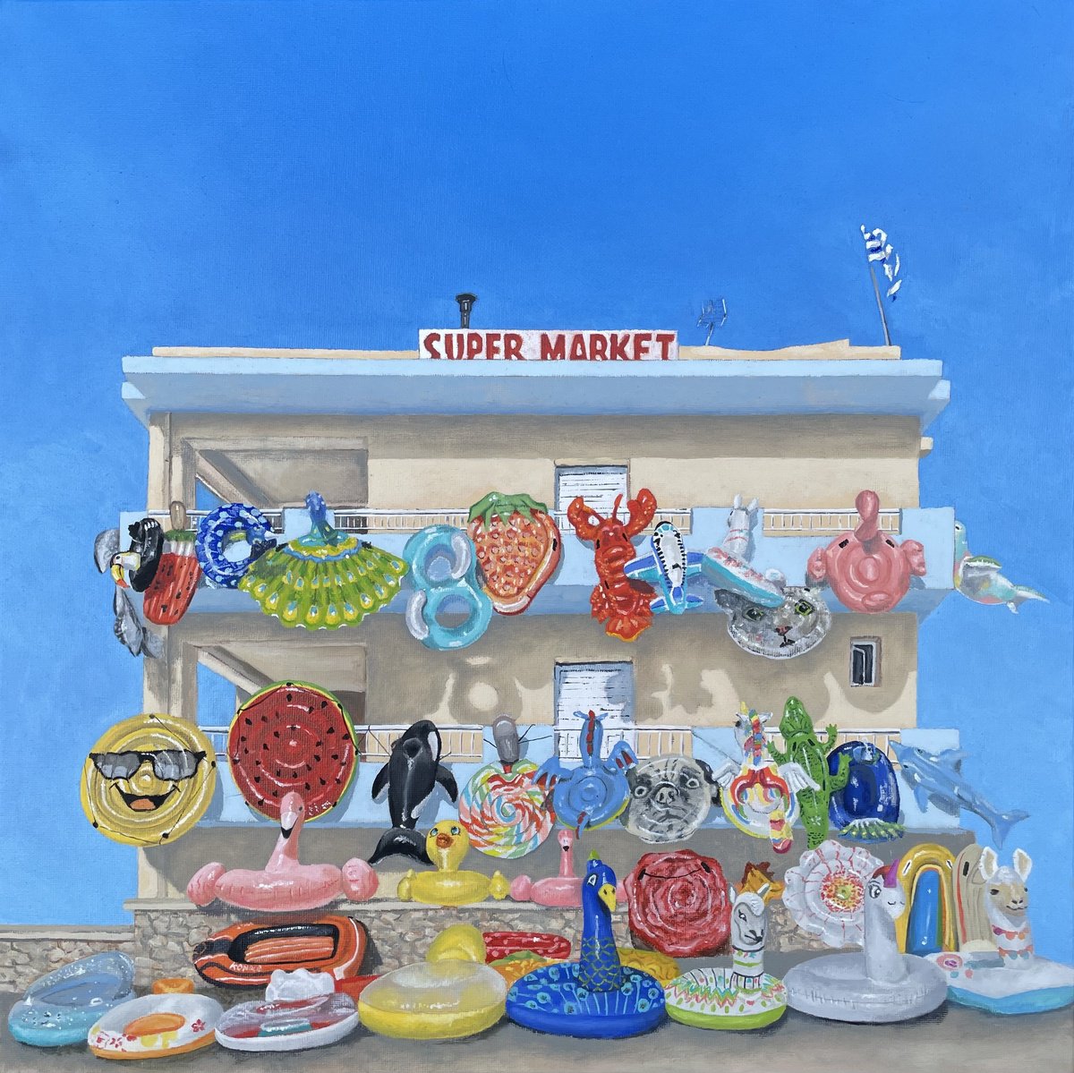 Impressionistic Landscape Oil Painting By Shayne Mcgirr, 21 X 21", Inflatable Supermarket, Original Artwork