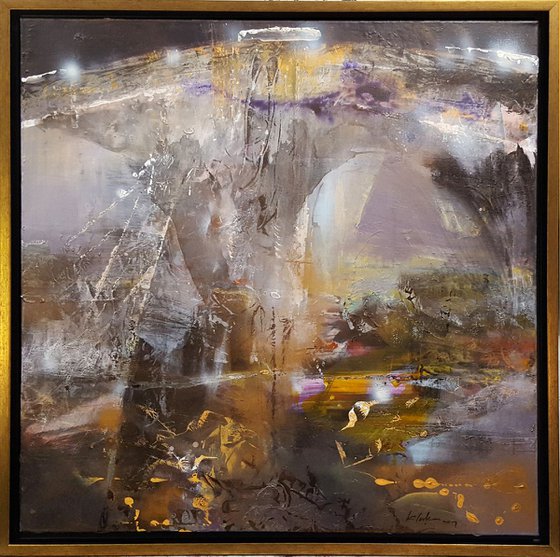 Large framed acrylic abstract landscape mindscape lightscape The night secret gardens by O KLOSKA