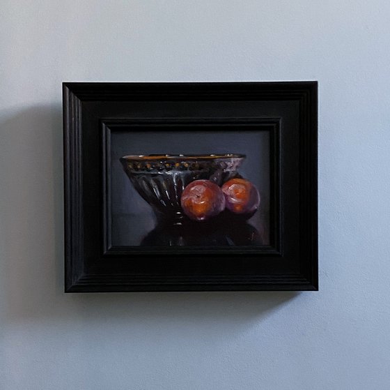 Original oil painting Plums & Bowl still life.