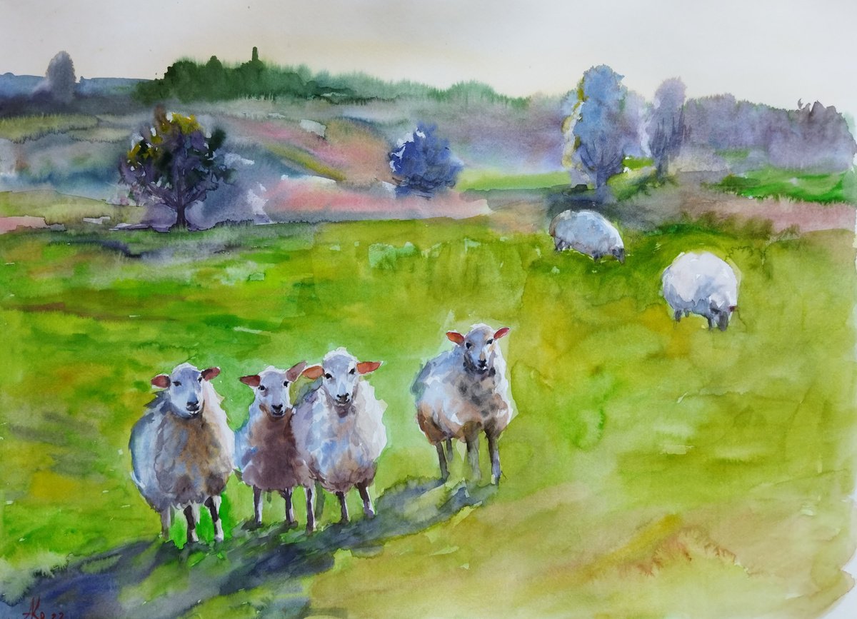 Landscape with sheep by Ann Krasikova