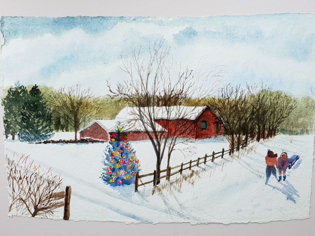 Impressionistic Watercolour , Christmas Sledging, Skarpnack, Sweden By Morag Paul, 31 X 24, Artwork For Sale On Artfinder