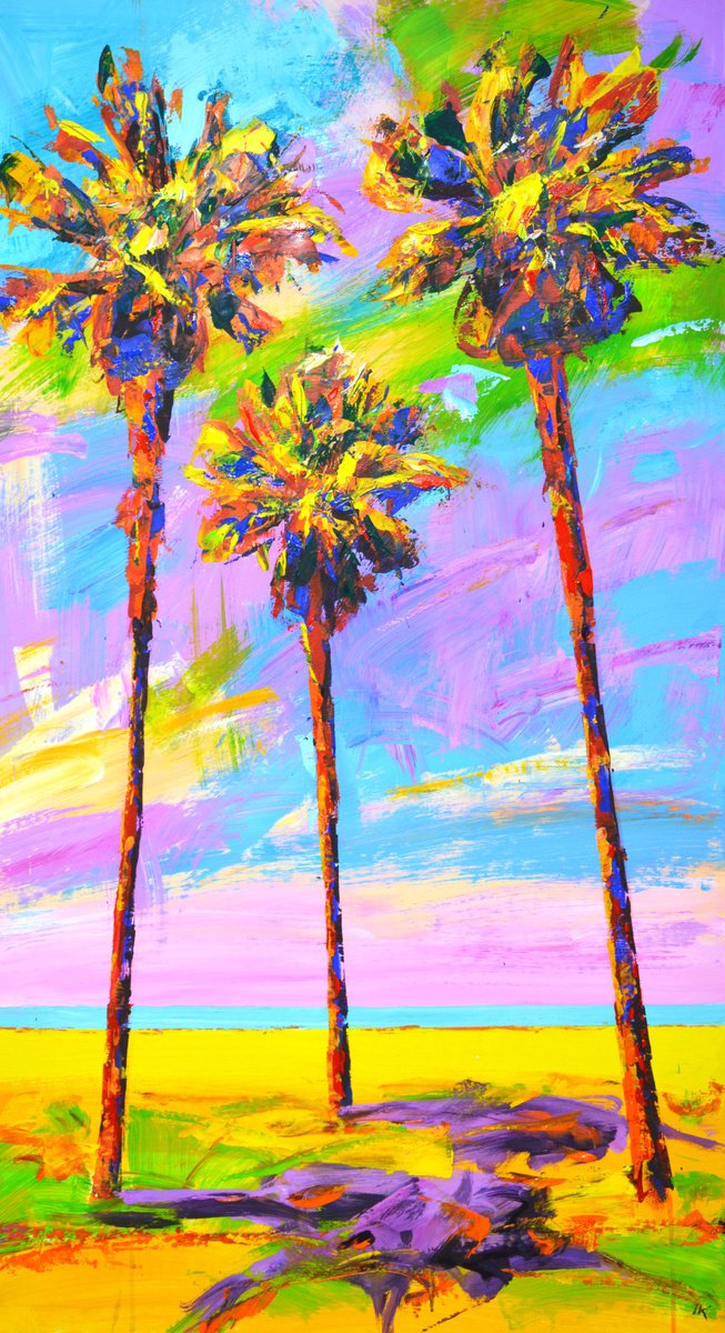 Expressive Landscape Acrylic Painting By Iryna Kastsova, 28 X 51, Palm Trees 33., Original Artwork