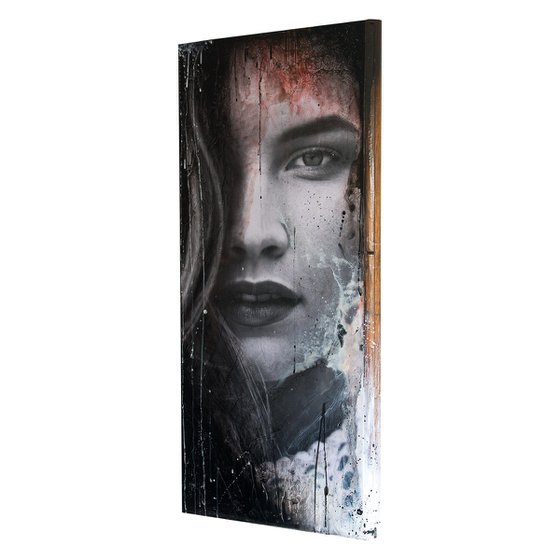 "I'm not Yours" (XL artwork 109x50x8 cm) - Unique portrait artwork on old door (abstract, portrait, original, resin, beeswax, painting)