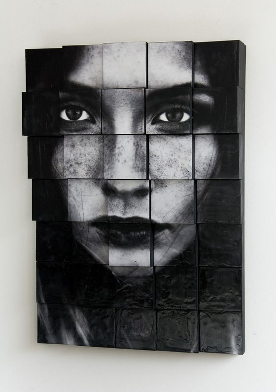 "Trascendenza" (71x51x15 cm) - Unique 3D double portrait artwork on wood (abstract, portrait, gold, original, resin, beeswax, painting)