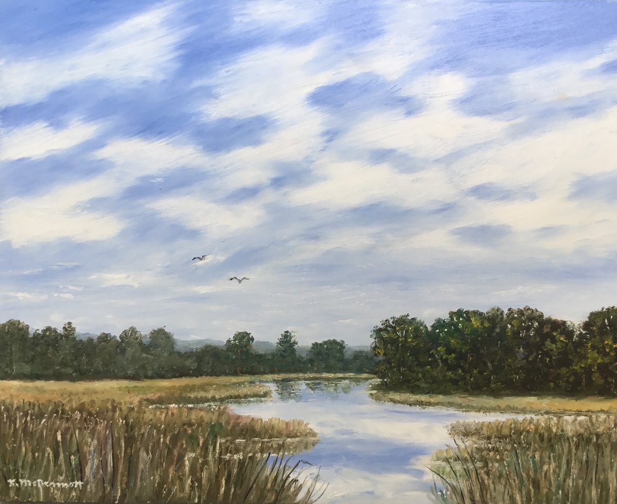 Photorealistic Landscape Oil Painting By Kathleen Mcdermott, 20 X 16", Summer Marsh, Original Artwork