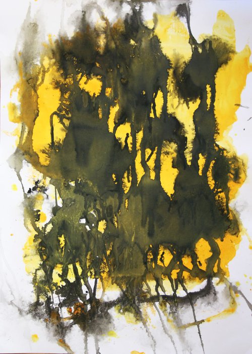 Untitled I... Abstraction... experiments with watercolors and ink... yellow and black... /  ORIGINAL PAINTING by Salana Art Gallery