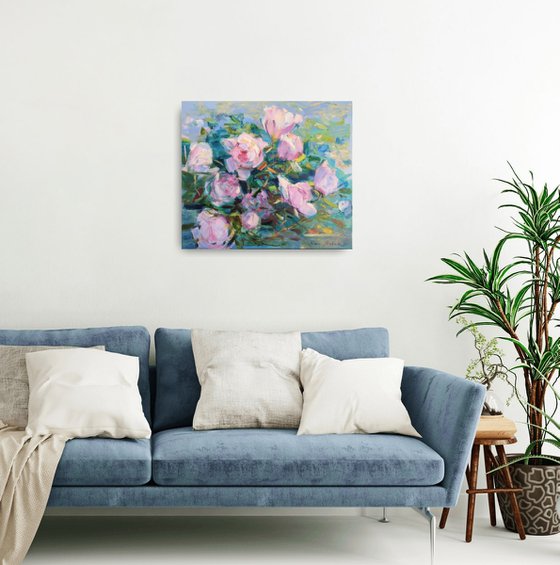 Peonies on blue . 60x70cm. Flowers a la prima . Original oil painting