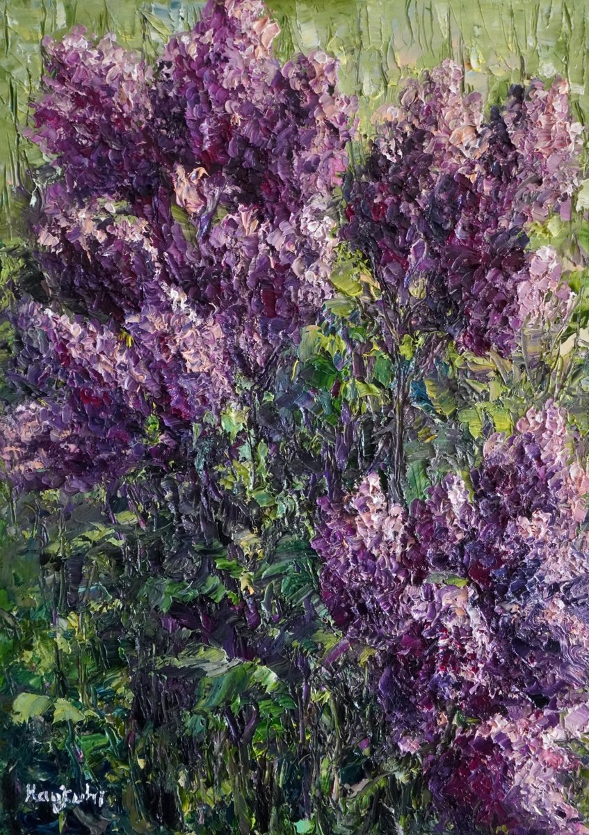 Impressionistic Botanical Oil Painting By Haykuhi Khachatryan, 20 X 28, Lilacs, Original Artwork