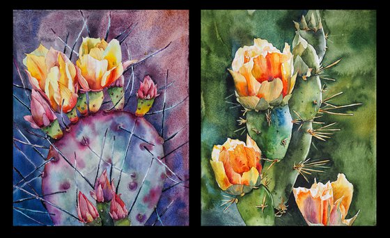 Diptych "Cacti twist" - original watercolor painting, green and purple succulents, cactus flower