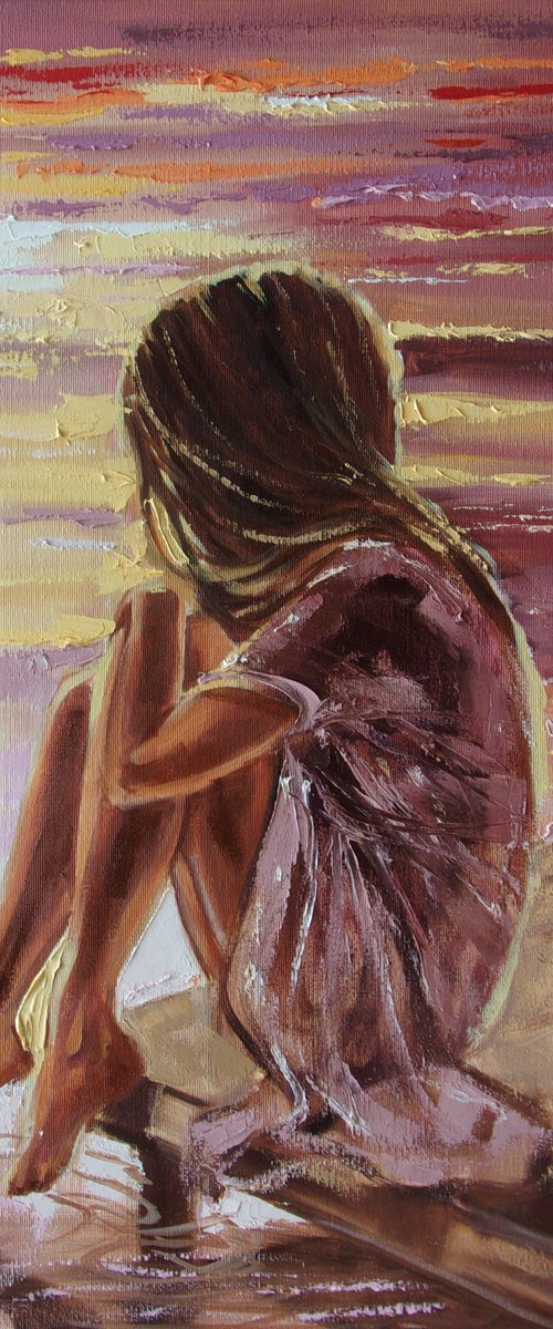 " WHAT A EVENING ... " SUN SKY SEA SAND liGHt  ORIGINAL OIL PAINTING, GIFT, PALETTE KNIFE by Monika Luniak