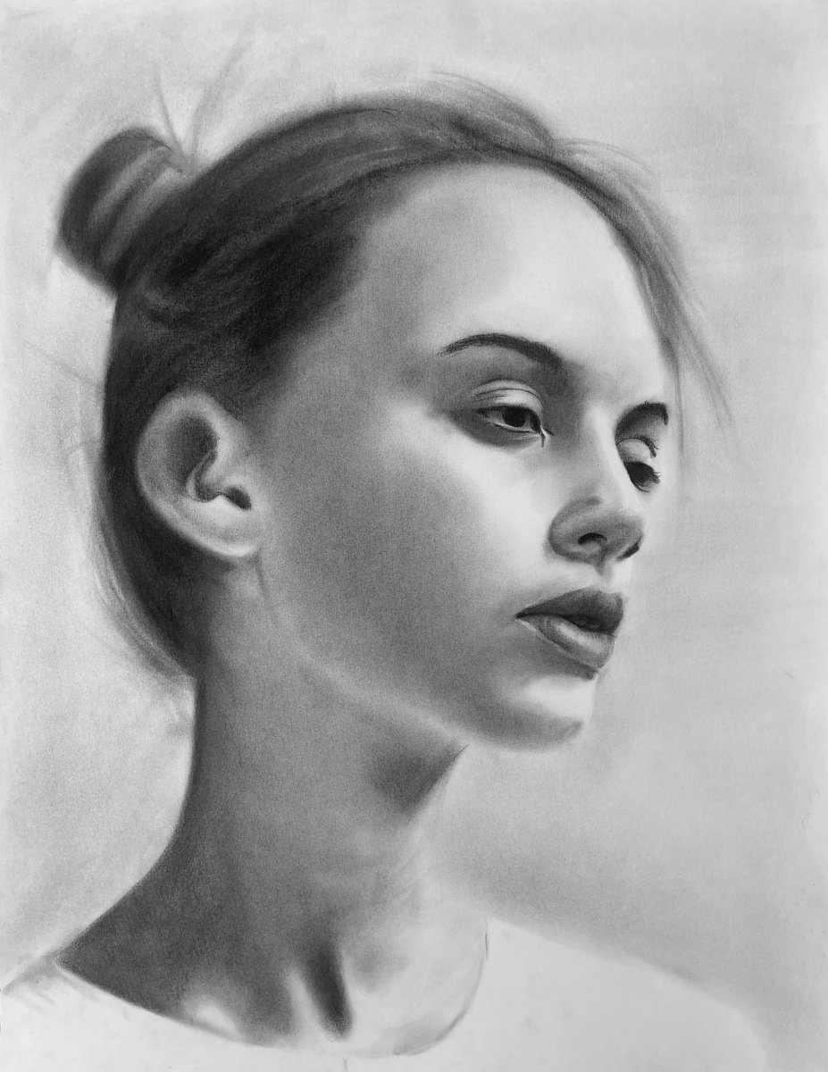 Illustrative Portrait Charcoal Drawing By Denny Stoekenbroek, 20 X 26, Serenity In Silence, Original Artwork