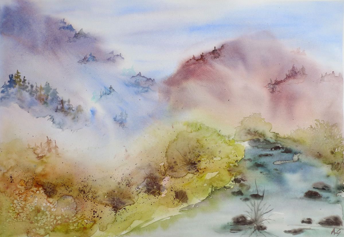 Landscape Watercolour By Aneta Gajos, 16 X 12, Brook, Original Artwork