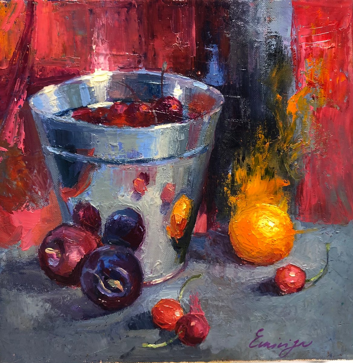 Cherries Harvest Painting original still life oil on canvas Impressionism artwork by Emili... by Emiliya Lane