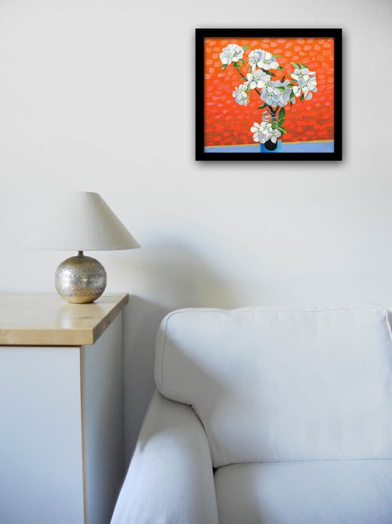 Apple Blossom against a Red Background