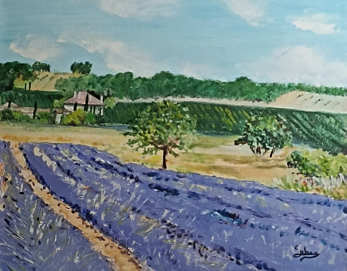 Impressionistic Botanical Oil Painting By Isabelle Lucas, 16 X 13, Lavender Vineyard, Original Artwork