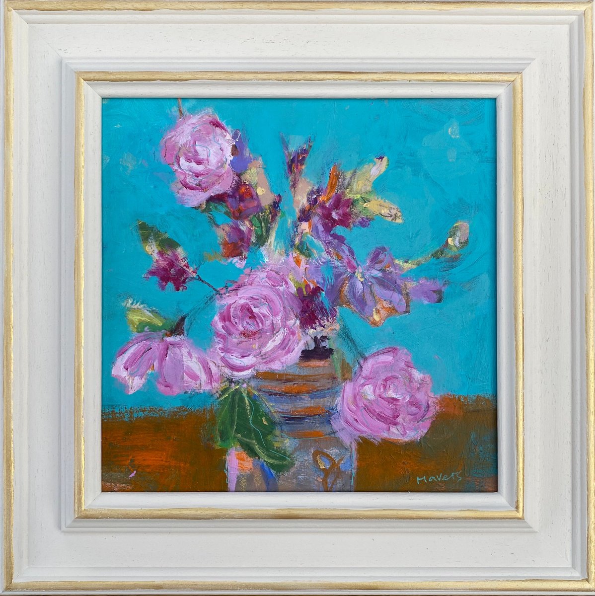 Impressionistic Still Life Acrylic Painting By Chrissie Havers, 16 X 16, Exuberant Roses, Original Artwork