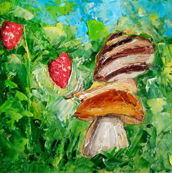 Snail Painting Mushroom Original Art Strawberry Wall Art Small Artwork Oil Impasto Painting