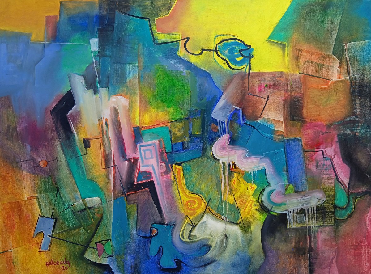 Geometric Abstract Oil Painting By Constantin Galceava, 47 X 35, Summer Morning, Original Artwork