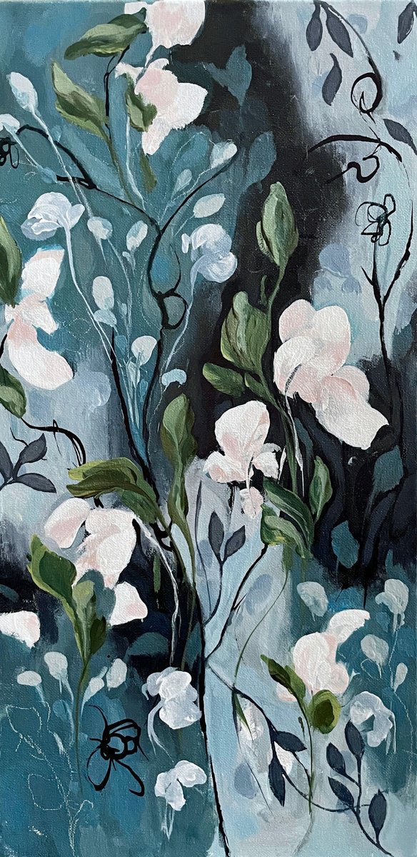 Organic Botanical Acrylic Painting By Nicole Esposito Woodall, 10 X 20", Bella Blue Ii, Original Artwork