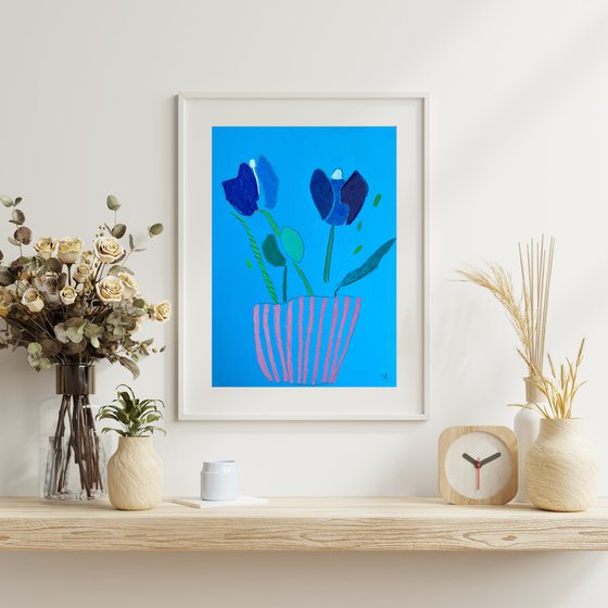 Blue Tulips in Pink Vase