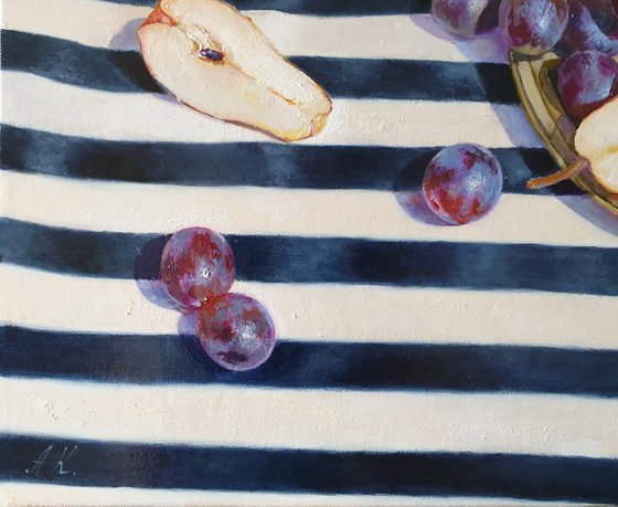 "Pears and grapes on a striped tablecloth."  still life summer grape pear white liGHt original painting  GIFT (2019)