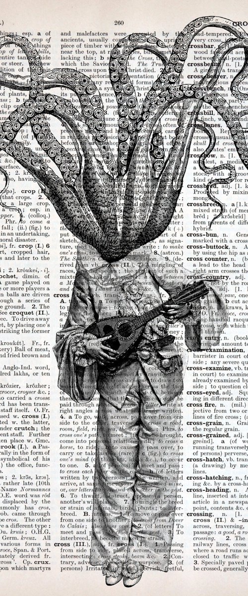 Octopus Pierrot - Collage Art Print on Large Real English Dictionary Vintage Book Page by Jakub DK - JAKUB D KRZEWNIAK
