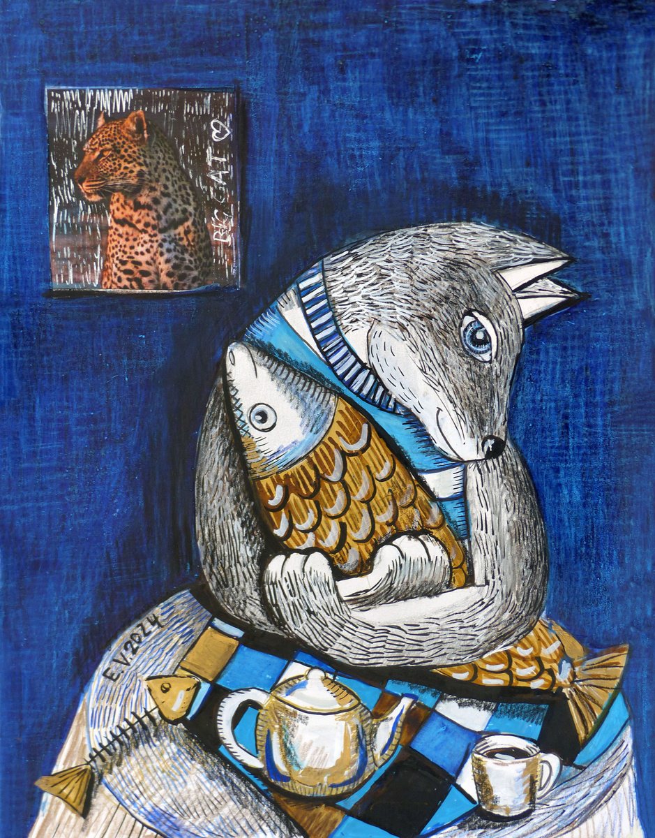 Surrealistic Animal Painting By Elizabeth Vlasova, 11 X 14, Fish Lover, Original Artwork