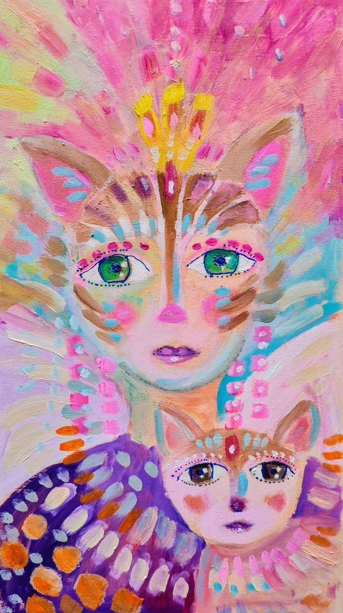 Organic Animal Oil Painting By Simon Tunde, 12 X 20", Cat Princess, Original Artwork