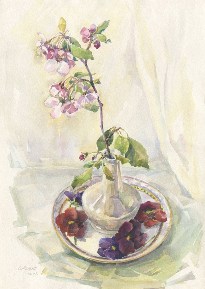 White waltz / Flowering branch in vase Floral still life Delicate watercolor by Olha Malko