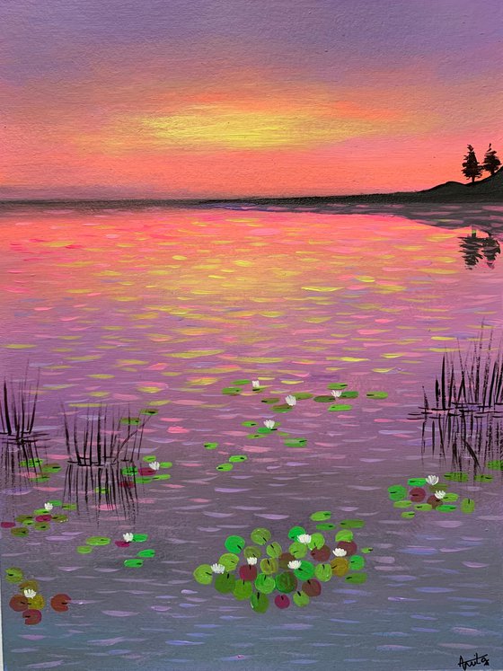 Water lily pond at sunset - 5 ! Painting on paper