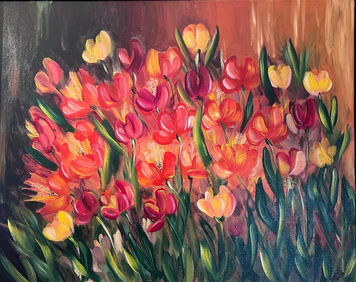 Impressionistic Botanical Acrylic Painting By Carolyn Shoemaker (Soma), 30 X 24, Vibrant Tulips, Original Artwork