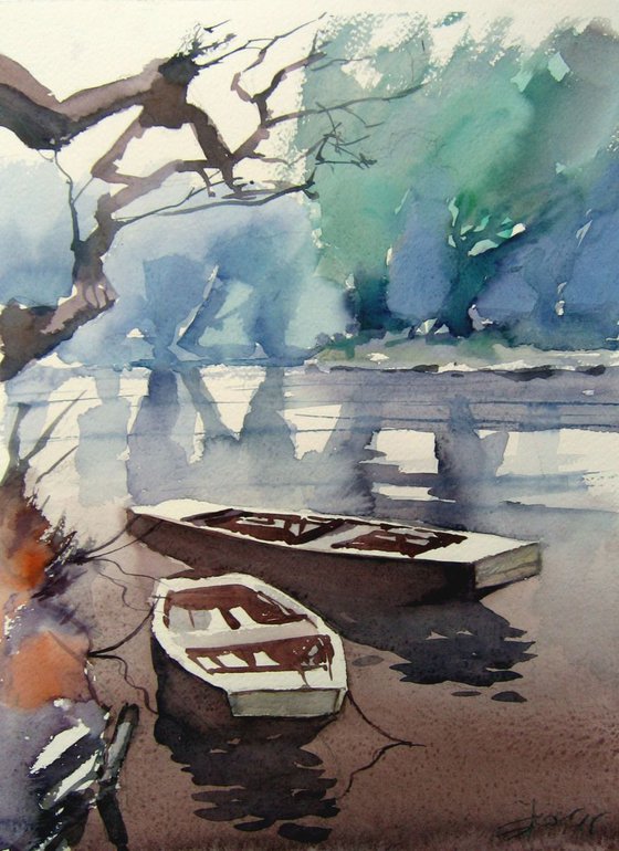 Boats on the lake  with branch