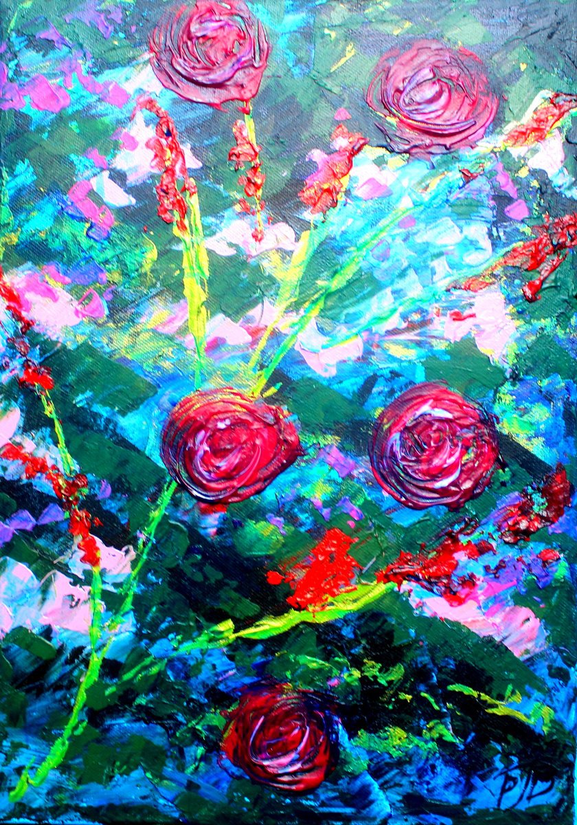 Impressionistic Botanical Acrylic Painting By Paul J Best, 12 X 17", Rose Garden Ii, Original Artwork