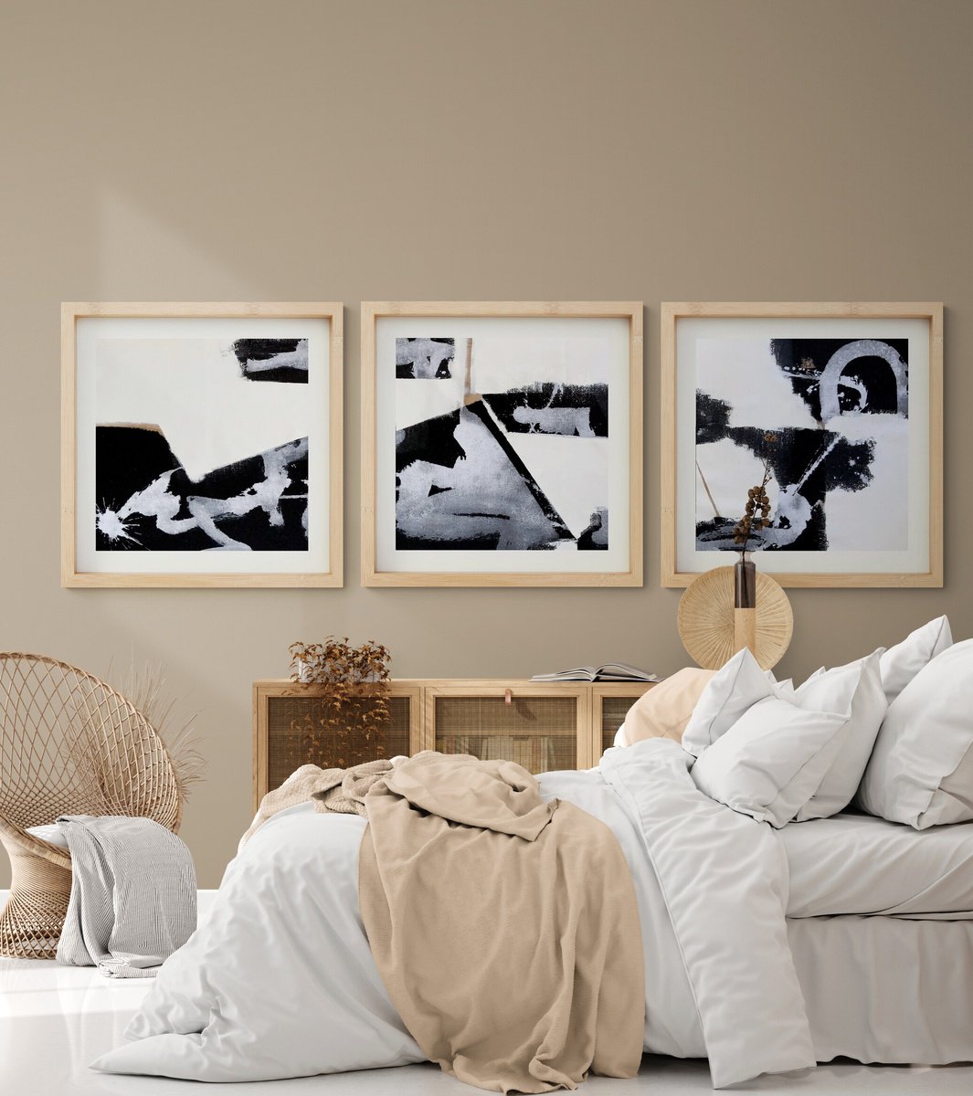 Abstrac No. 122 -5 black & white XXL- set of 3 - monochrome minimalism by Anita Kaufmann