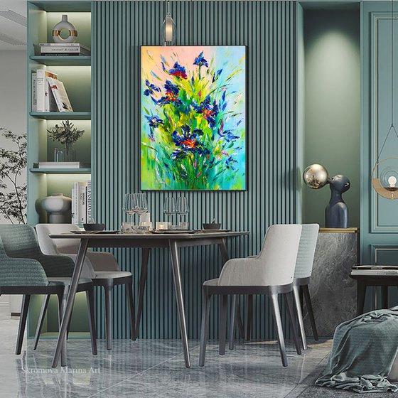 BLUE SALUTE - Irises. Majirel. Azure Irises. Bloom. Flower art. Decor irises. Blue petals. 3d flowers. Very Peri.