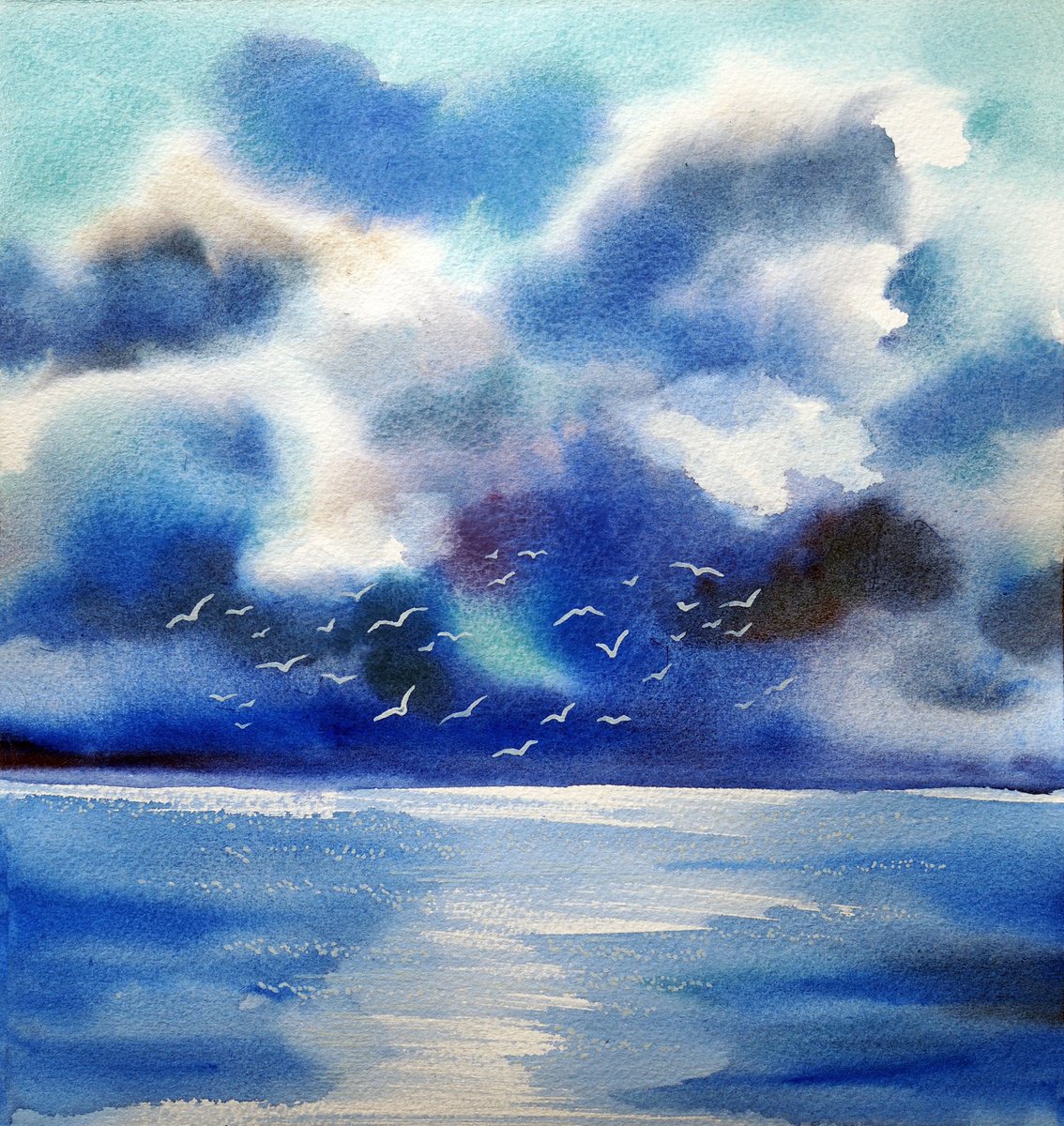 Impressionistic Landscape Watercolour By Delnara El, 10 X 11, Rain Coming, Original Artwork