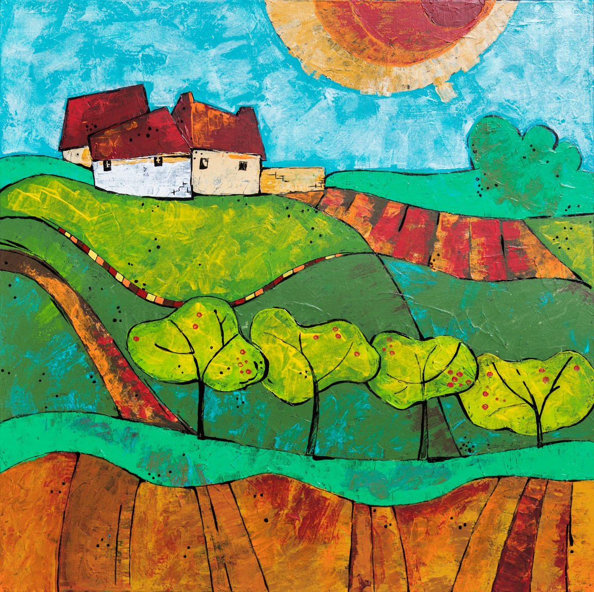 Naive Landscape Acrylic Painting By Ariadna De Raadt, 31 X 31, My Favorite Season 2, Original Artwork