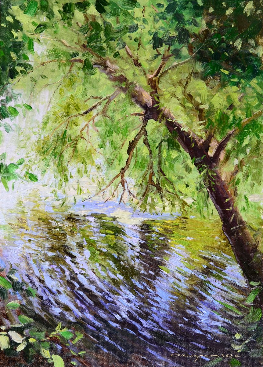 Impressionistic Landscape Oil Painting By Ruslan Kiprych, 10 X 14", Tree Over Water, Original Artwork