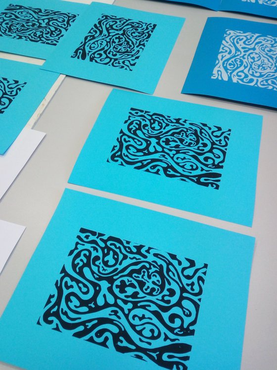 SEA WAVES IV linocut black on blue