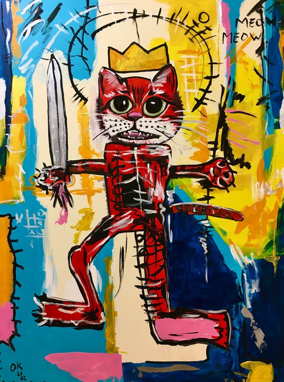 Red Cat Warrior  #3  (101 x 81 cm , 40 x  32inches ) version of painting  by Jean-Michel Basquiat  “Warrior “