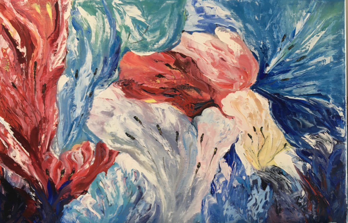 Impressionistic Landscape Oil Painting By Timea Valsami, 24 X 16", Abstract Lilies, Original Artwork