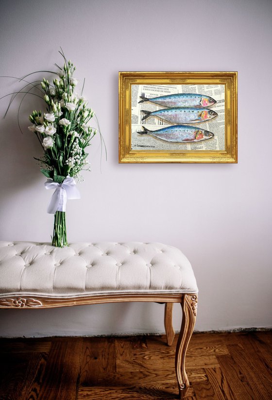 "Mackerels on Newspaper" Original Oil on Canvas Board Painting 12 by 8 inches (30x20 cm)